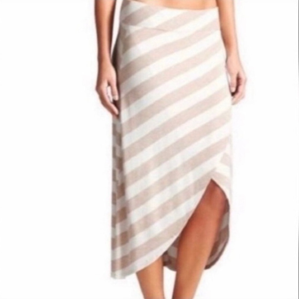 Athleta Beige and White Striped Faux Wrap Maxi Skirt